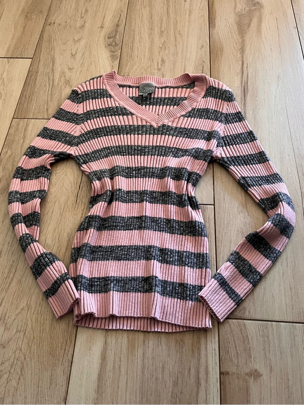 Striped Pink and Gray Ribbed V-Neck Sweater | THE SLOPE| Brooklyn NY